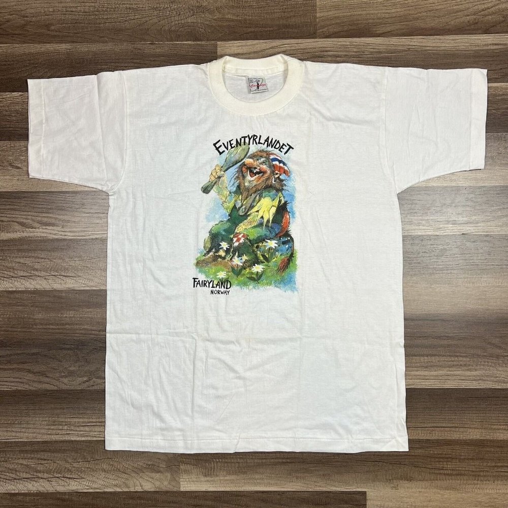 Vintage Eventyrlandet Fairyland Norway Norwegian Troll White Graphic Shirt Sz XL